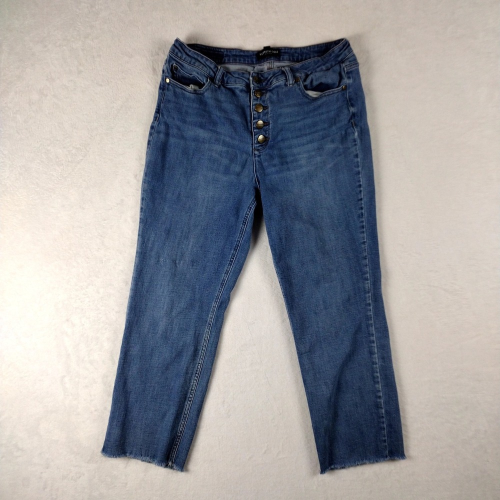 Kenneth Cole New York Womens Size 12 Blue Button Fly Raw Hem Straight Leg Jeans